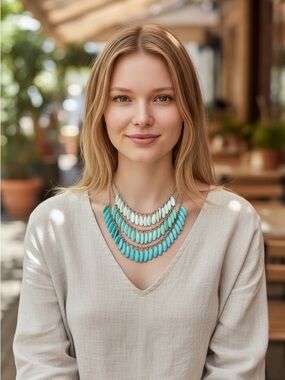 Gold-tone Three-strand Necklace with Dangling Green Ombré Teardrop Beads